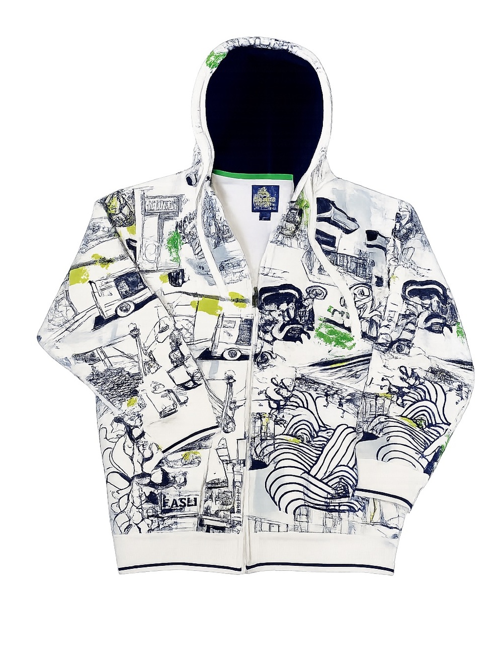 Ecko Unlimited Graphic Full Zip Hoodie White Blue Green Streetwear Print Medium